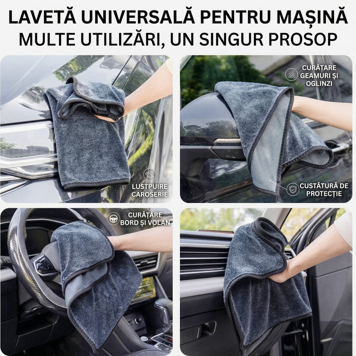 Prosop microfibră auto Flippy gri 500g, ambalaj și conținut pachet complet