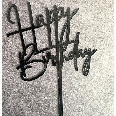 Decoratiune Topper pentru Tort, Vivimall, Model Happy Birthday, Tematica Aniversare, 10 cm, Negru - vivimall.ro