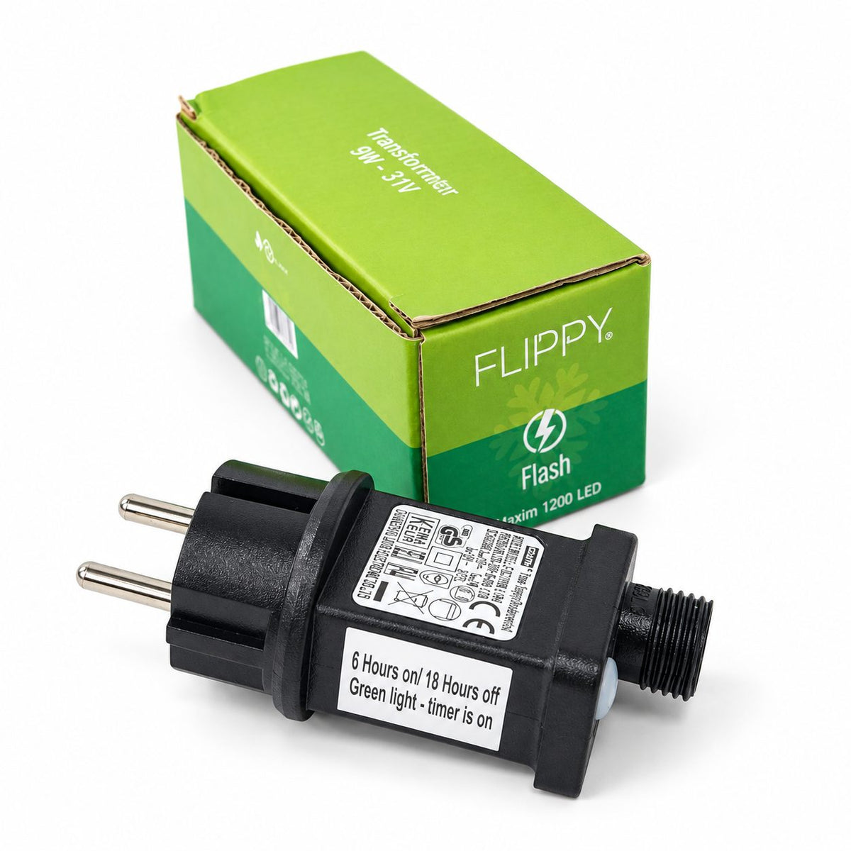 Transformator pentru Instalatie Luminoasa cu Flash, Flippy, 9 W, 31 V, pentru Maxim 1200 LED-uri, cu Temporizator 6 Ore Pornit / 18 Ore Oprit, 11 cm, Negru