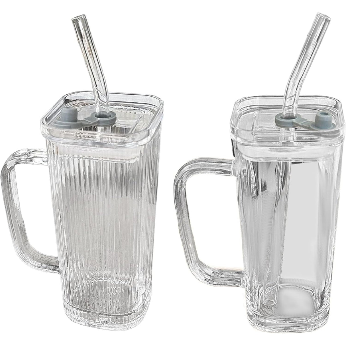 Pahar pentru Racoritoare, Vivimall, din Sticla, 330 ml, cu Pai si Maner, Model Clear Dungi Verticale, Transparent - vivimall.ro