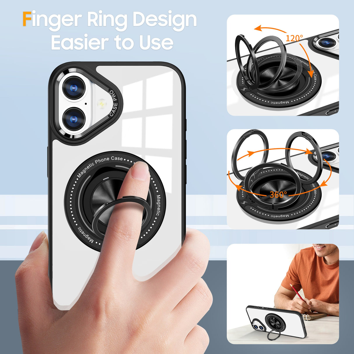 Husă TPU transparent-negru iPhone 16, vedere spate, design slim cu acces la camera foto