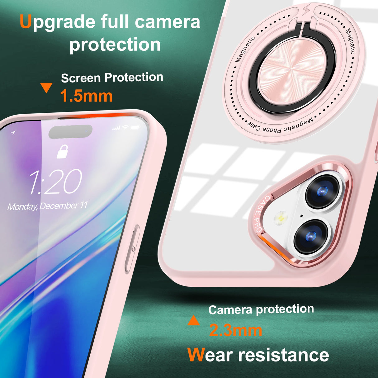 Husă iPhone 16 Plus transparentă-roz cu inel magnetic rotativ, detaliu inel și suport