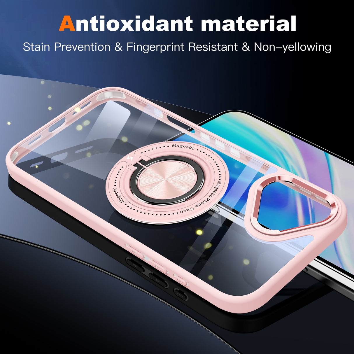 Husă transparentă-roz iPhone 16 Plus montată pe telefon, vedere spate complet