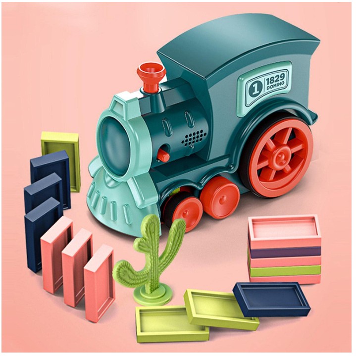 Trenulet educational de jucarie Flippy, pe baterii, cu 60 piese de domino, 3-7 ani, Multicolor, 26.5 cm x 8 cm x 14 cm