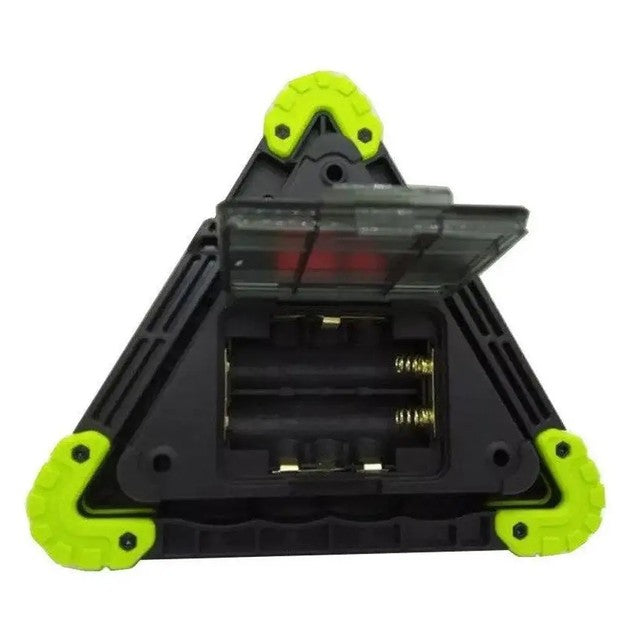 Triunghi Multifunctional de Avertizare, Vivimall, Lanterna LED, Impermeabil IP65, 800 lm, 2 x AA, Functie Incarcare Telefon, USB si Micro USB, COB 33, Verde - vivimall.ro
