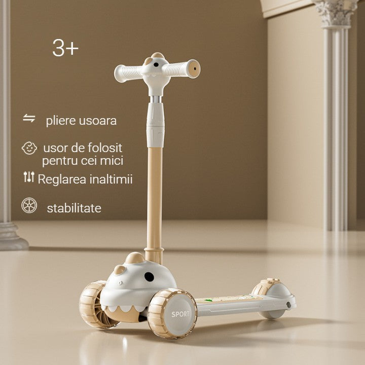 Trotineta Multifunctionala 6 in 1, Vivimall, Pentru Copii De La 10 Luni Pana La 12 Ani, Cu Maner De Impingere, Reglabil 360, Pliere Usoara, Reglarea Inaltimii, Model Dinozaur, Alb/Bej - vivimall.ro