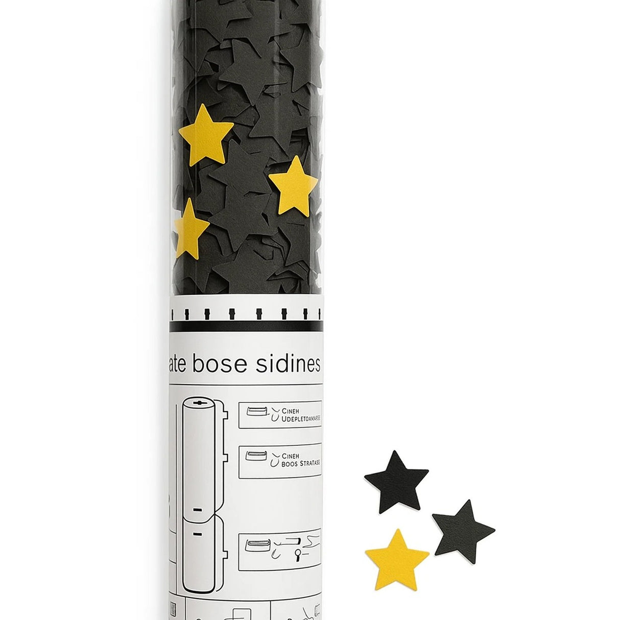 Tun de Confetti, Flippy, 40 cm, Model Stelute din Folie si Hartie, Ambalaj PET, Negru