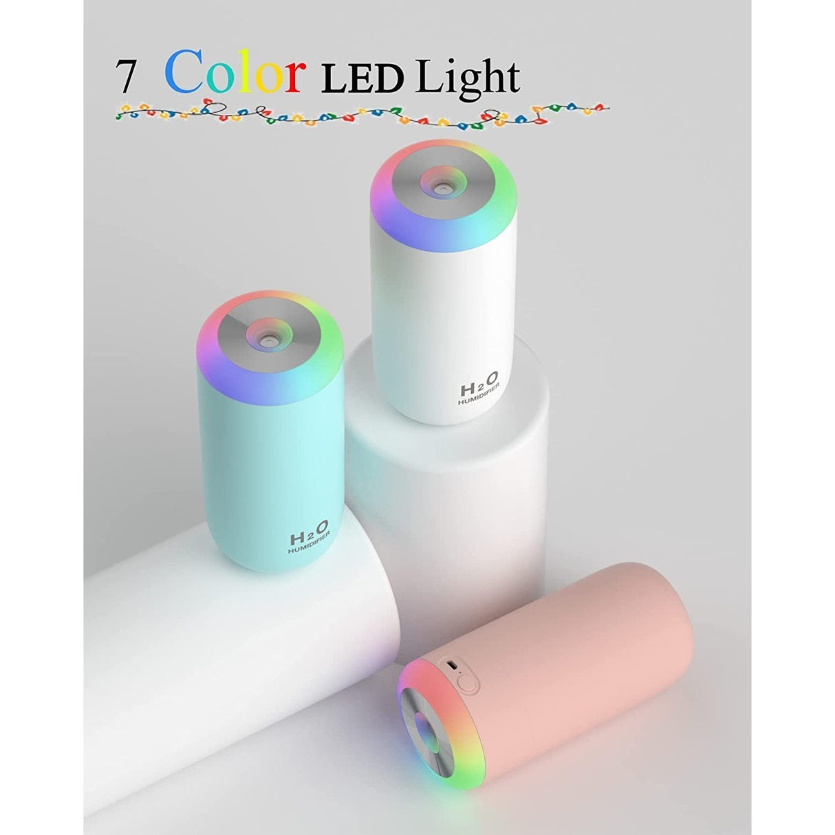 Umidificator, H2O, cu Difuzor de Aroma, Lumina de Noapte LED in 7 Culori, Zgomot Redus, 14.7x7.2cm, 350mL, Culoare Albastra