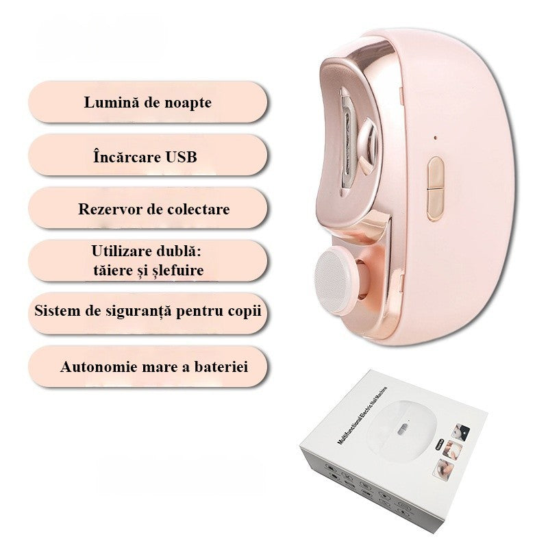 Unghiera Electrica 2 in 1, Flippy, Taiat si Slefuit, 2 Viteze, Lumina LED, Design Ergonomic, Compartiment Resturi, Portabila, Silentioasa 65 db, USB-C, Manichiura, Ideal Pentru Copii si Adulti, 8.5 x 6.8 x 3.3 cm, Roz - vivimall.ro