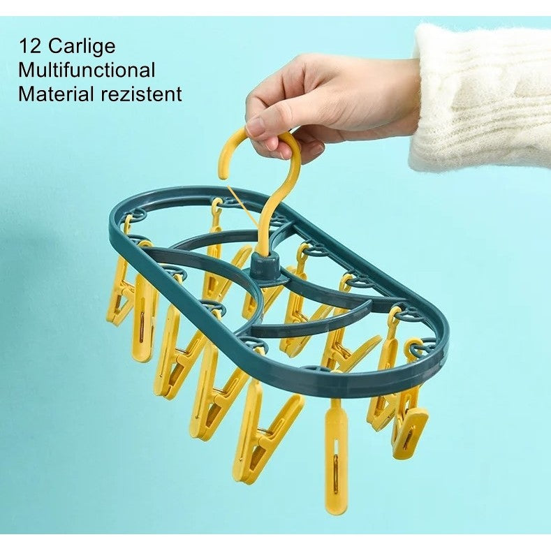 Uscator de Rufe Suspendat Vivimall, cu 12 Carlige, Rotire 360 Grade, Protectie Vant, Mateiral Plastic, Usor de Depozitat, Multifunctional, 30 x 12.5 cm, Albastru/Galben - vivimall.ro