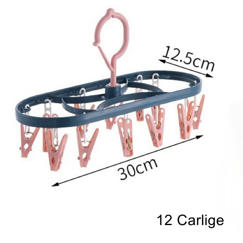 Uscator de Rufe Suspendat Vivimall, cu 12 Carlige, Rotire 360 Grade, Protectie Vant, Mateiral Plastic, Usor de Depozitat, Multifunctional, 30 x 12.5 cm, Albastru/Roz - vivimall.ro
