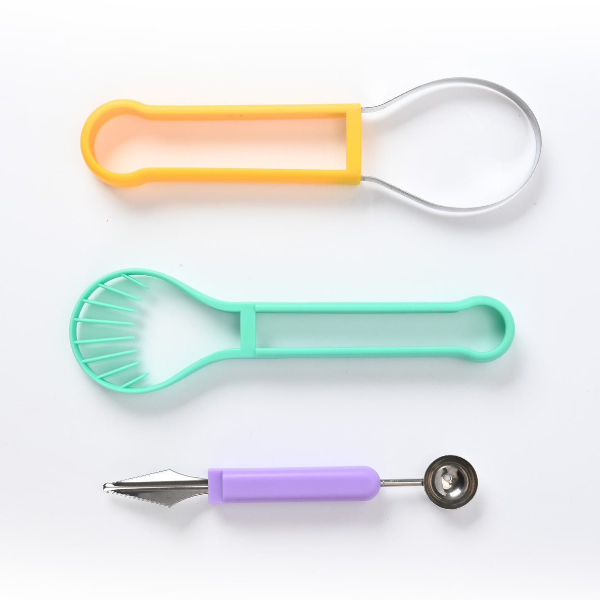 Ustensila bucatarie 4 in 1 pentru taiat si decorat fructe Vivimall, material inox si plastic, compact, 28x6.2 cm, multicolor - vivimall.ro