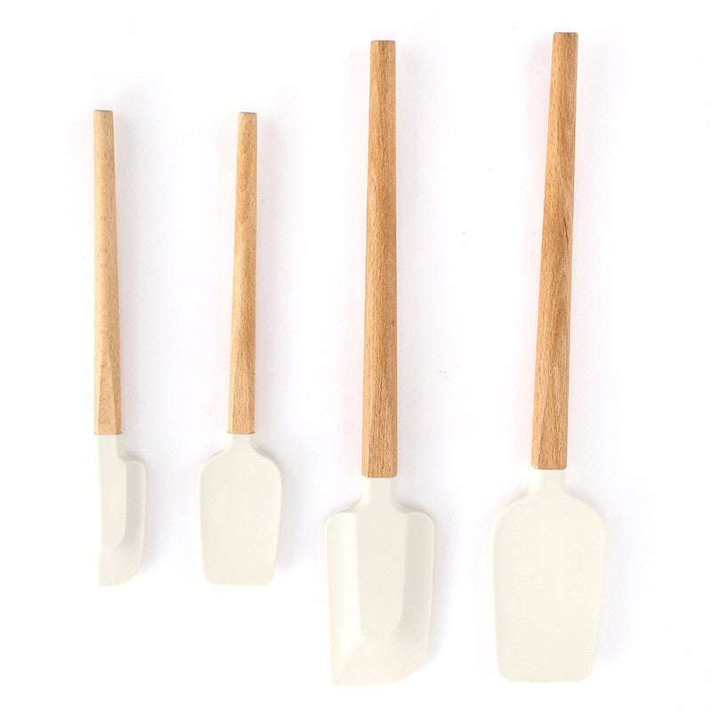Ustensile de Bucatarie, Vivimall, Set din 4 bucati, din Silicon si Lemn, Spatule de Diferite Dimensiuni, Termo rezistente, Antiaderente, Instrument de Amestecat in Bucatarie, Alb-Maro