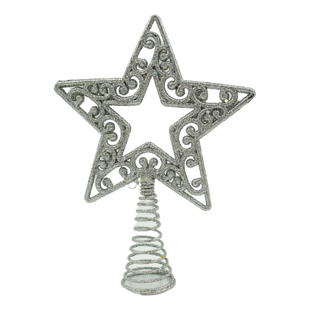 Varf decorativ de brad, Argintiu, in forma de Stea, decupata in centru, din Plastic/Metal, 14 cm x 19 cm, Interior/Exterior, Flippy - vivimall.ro