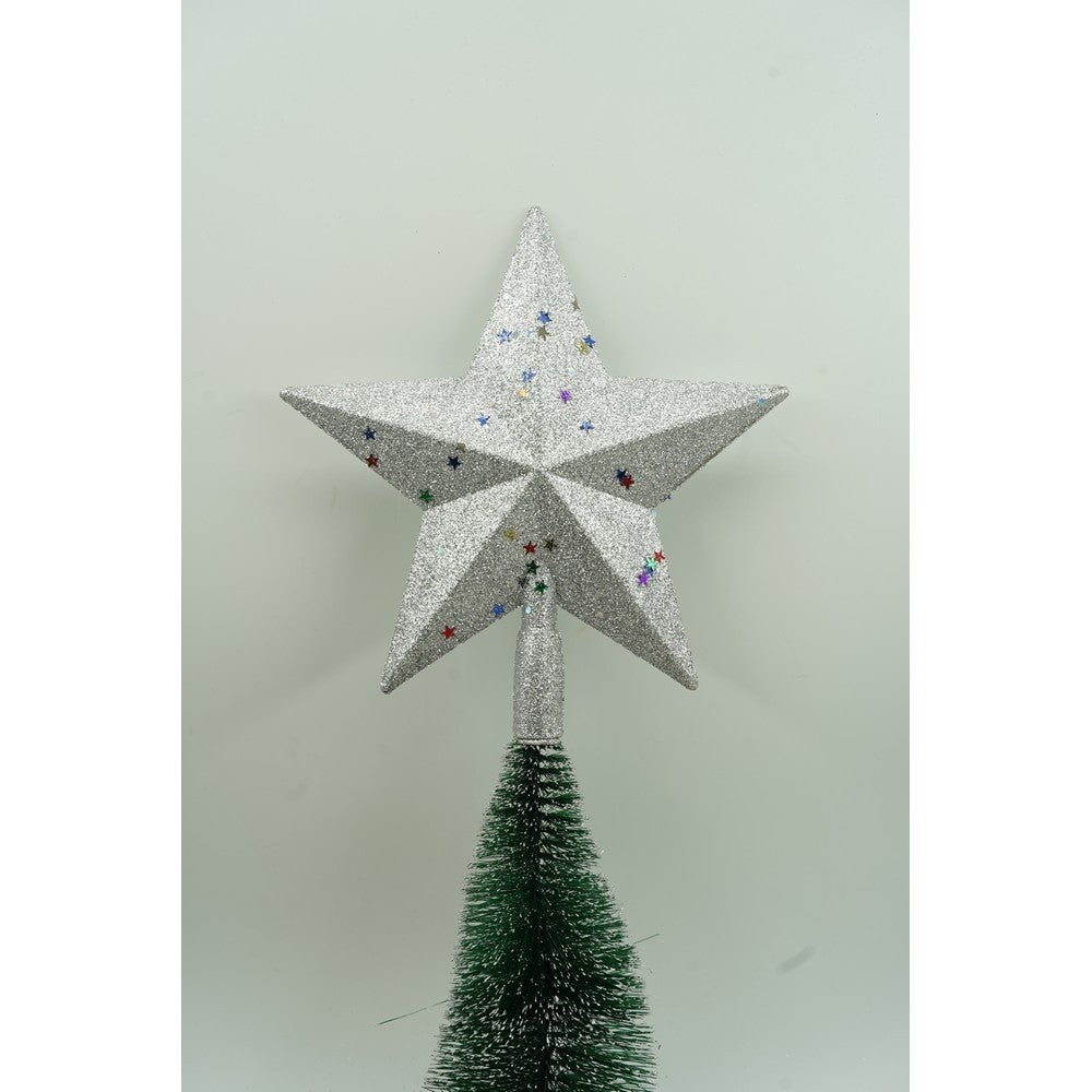 Varf decorativ de brad, Argintiu, in forma de Stea, design cu paiete, din Plastic, 18 cm x 20 cm, Interior/Exterior, Flippy - vivimall.ro