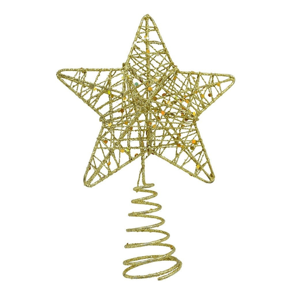Varf decorativ de brad, Auriu, in forma de Stea, design cu paiete, din Plastic/Metal, 13 cm x 18 cm, diametru 4 cm, Interior/Exterior, Flippy - vivimall.ro
