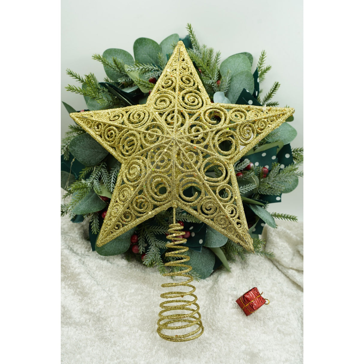 Varf decorativ de brad, Auriu, in forma de Stea, design spiralat, din Plastic/Metal, 29 cm x 38 cm, Interior/Exterior, Flippy - vivimall.ro