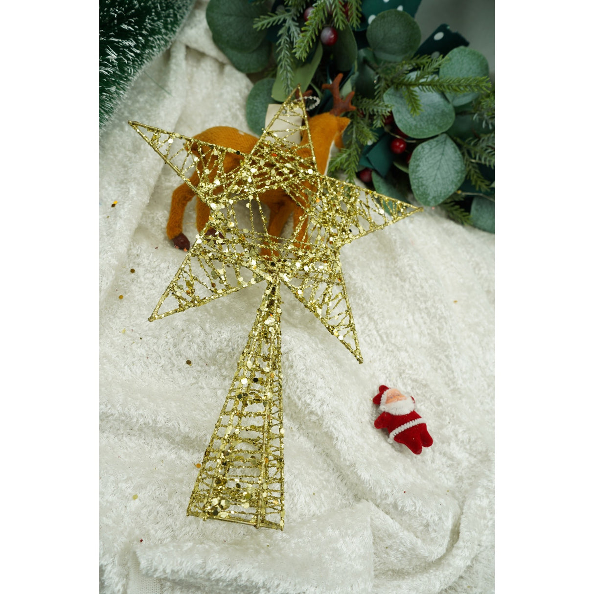 Varf decorativ de brad, Auriu, in forma de Stea, infasurata, din Plastic/Metal, 20 cm x 28 cm, Interior/Exterior, Flippy - vivimall.ro