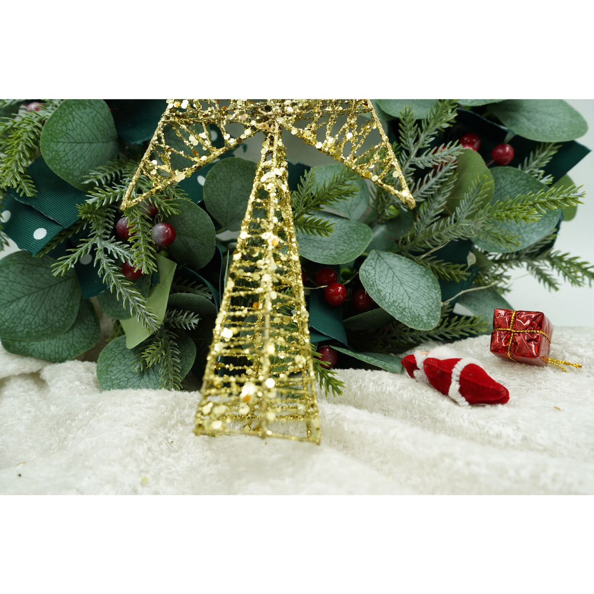 Varf decorativ de brad, Auriu, in forma de Stea, infasurata, din Plastic/Metal, 20 cm x 28 cm, Interior/Exterior, Flippy - vivimall.ro