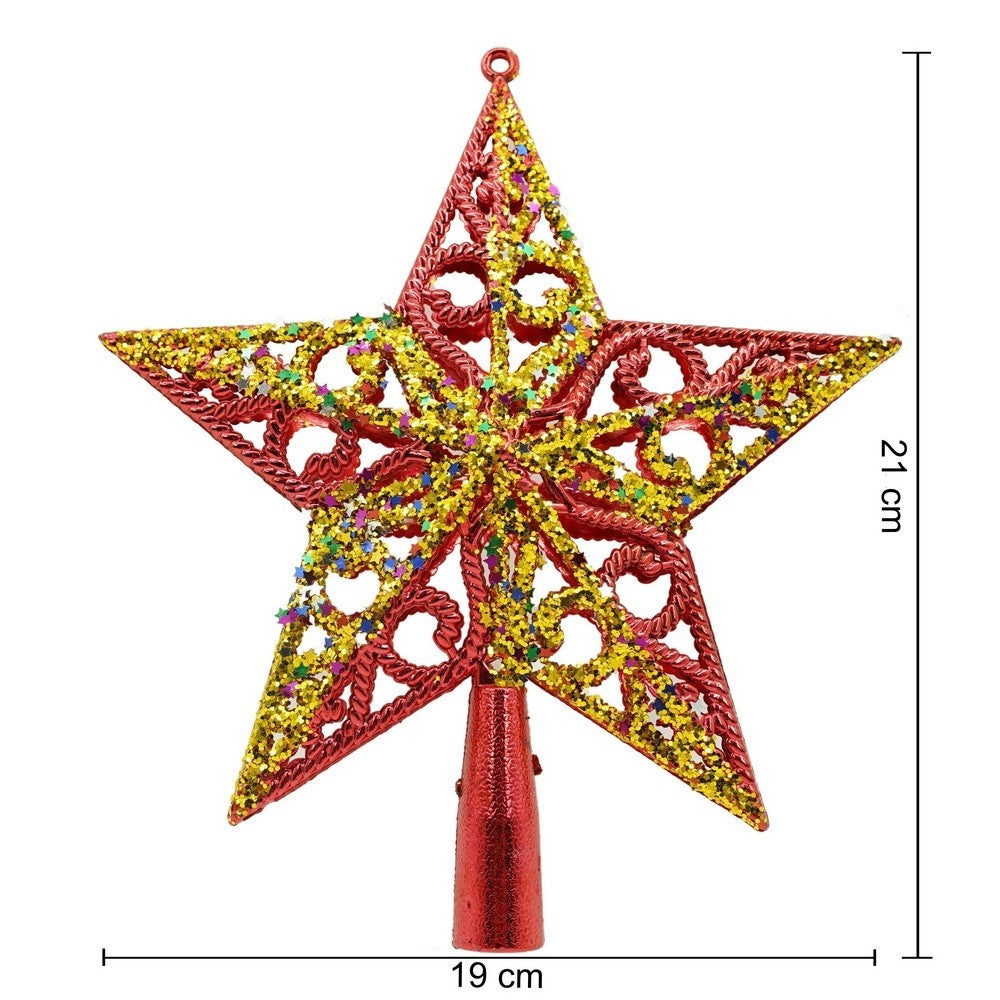 Varf decorativ de brad, Rosu/ Auriu, in forma de Stea, design spiralat, din Plastic, 19 cm x 21 cm, Interior/Exterior, Flippy - vivimall.ro