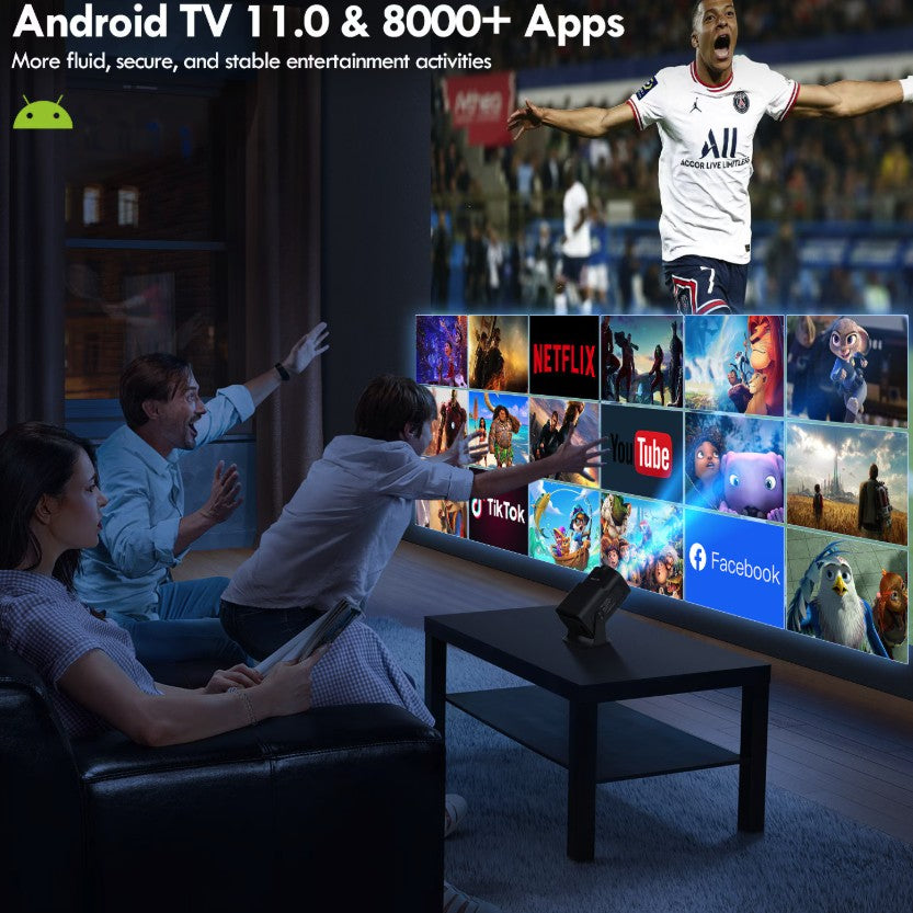 Videoproiector HY320 Mini în funcțiune, proiecție pe perete 30-100 inchi, distanță 1-3 metri