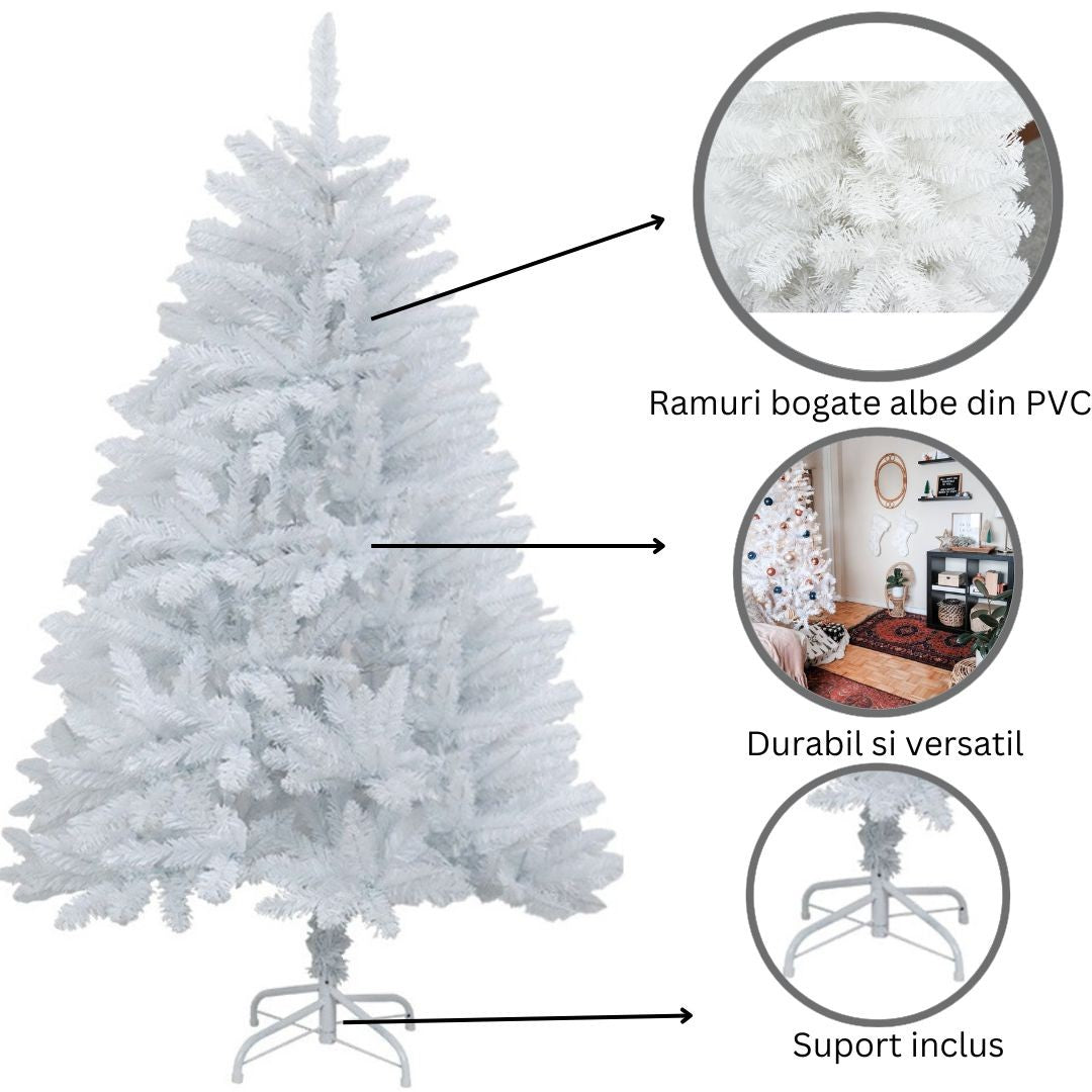 Brad de Craciun artificial cu suport inclus Vivimall, 120 cm, 240 ramuri/varfuri, material plastic, suport clasic, fara iluminare, utilizat pentru interior/exterior, alb