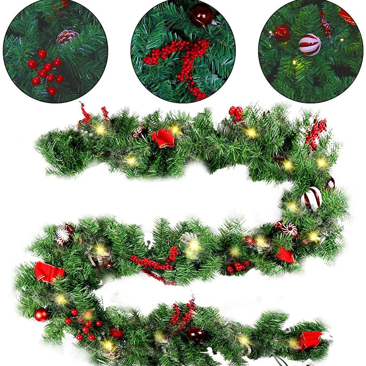 Ghirlandă brad artificial Vivimall 180 cm cu 30 LED-uri calde și decorațiuni festive, vedere frontală completă