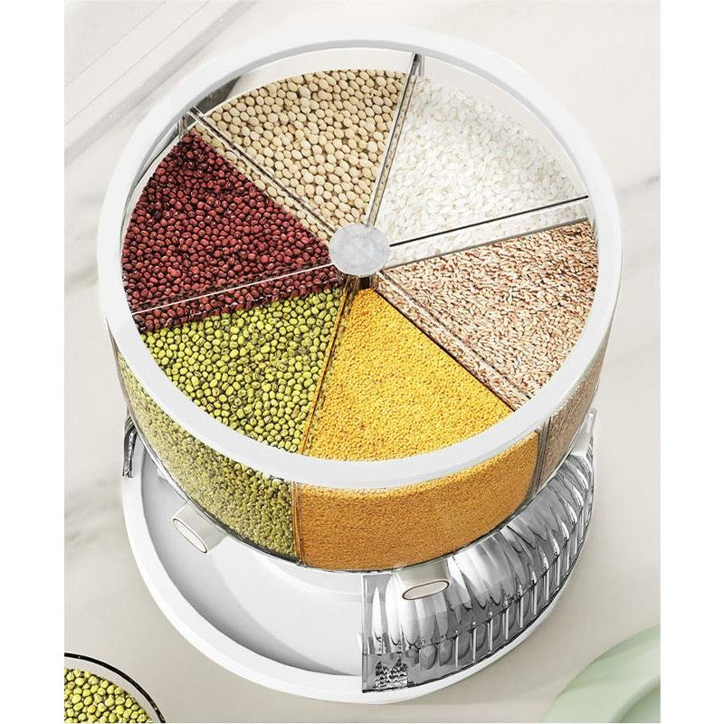 Dozator etajat de cereale Vivimall, rotativ 360, 6 compartimente, capacitate 10L, cofrag special pentru oua, vas pentru scurgerea cerealelor, 35x27.5 cm, alb - vivimall.ro