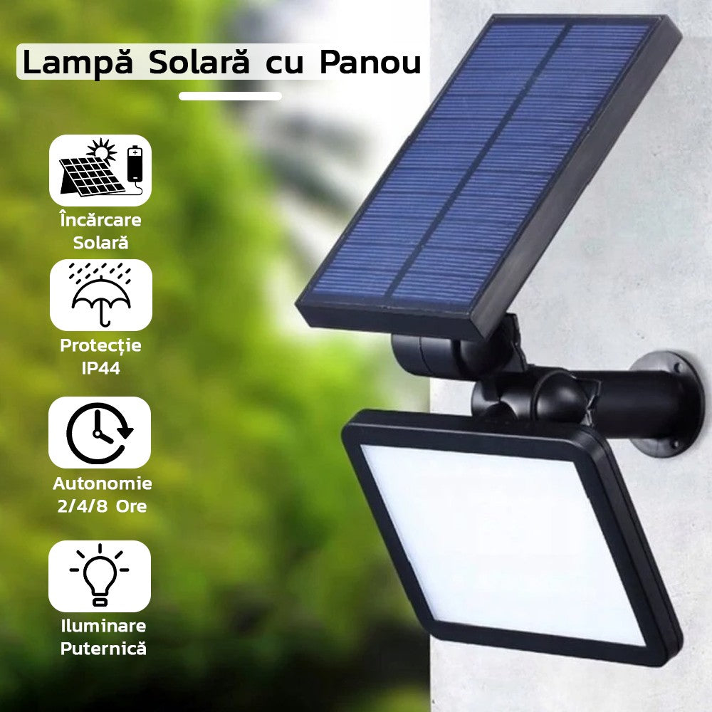 Lampa solara pentru terasa/gradina 48 de LED-uri Vivimall, cu 2 moduri de fixare, senzor de lumina, IP44, material ABS, 5W, 80 lm, 26.5 cm x 14 cm, Alb Rece