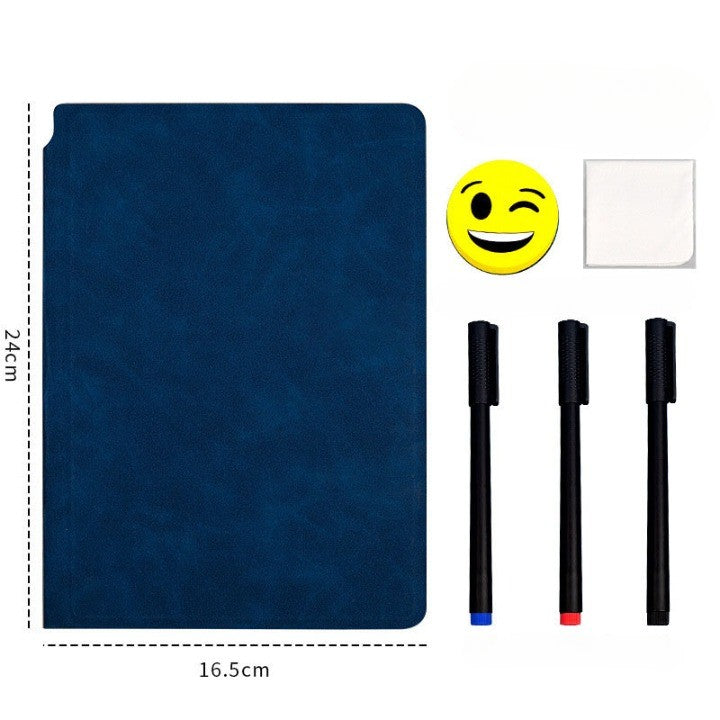 Set Agenda A5 Reutilizabila cu Pagini Tip Tabla, Agenda Pagini Albe cu Stergere Uscata, 3 Markere, 1 Burete și 1 Laveta de sters, Portabila, 24 x 16.5 cm, Coperta Piele, Albastru - vivimall.ro