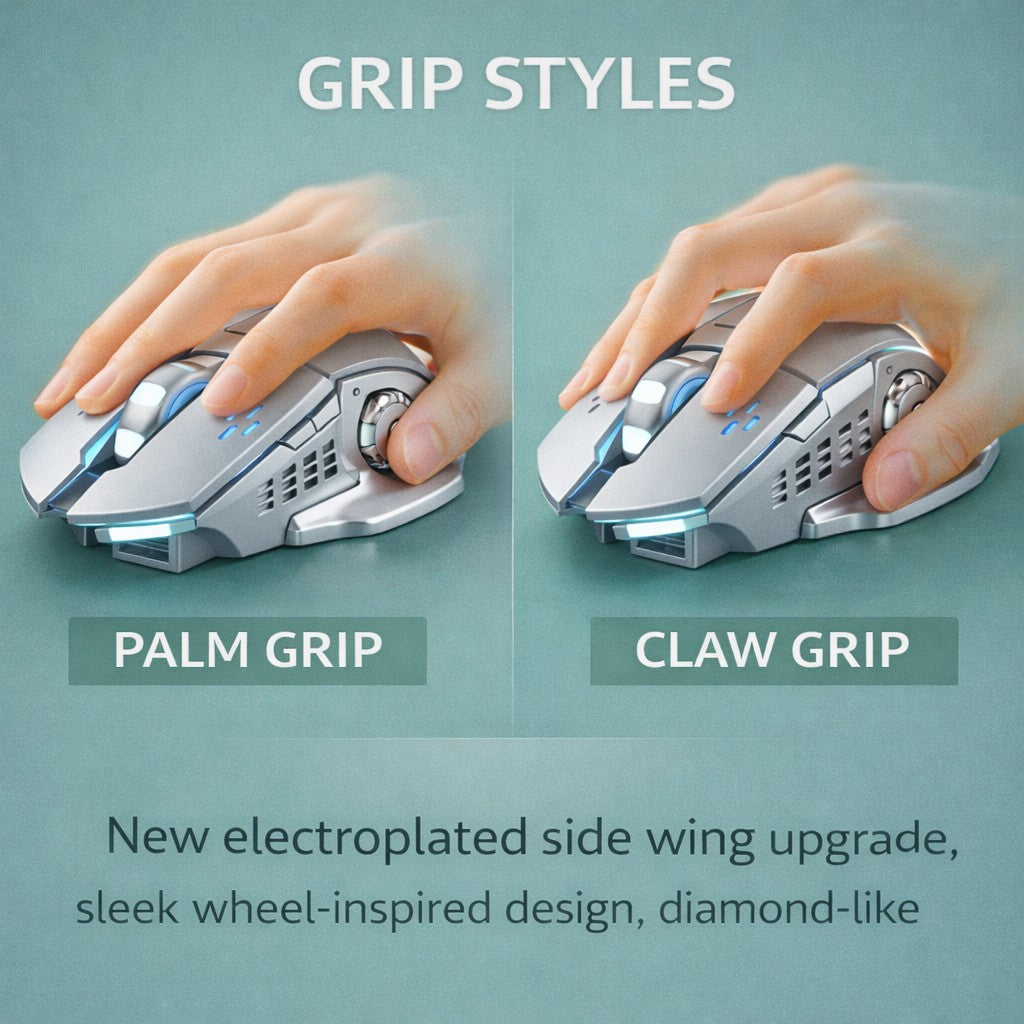 Mouse wireless Flippy gri, vedere din spate, port reîncărcare și receptor 2.4GHz inclus