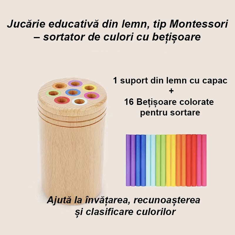 Sortator forme și culori din lemn natural, detaliu finisaj neted și vopsele non-toxice
