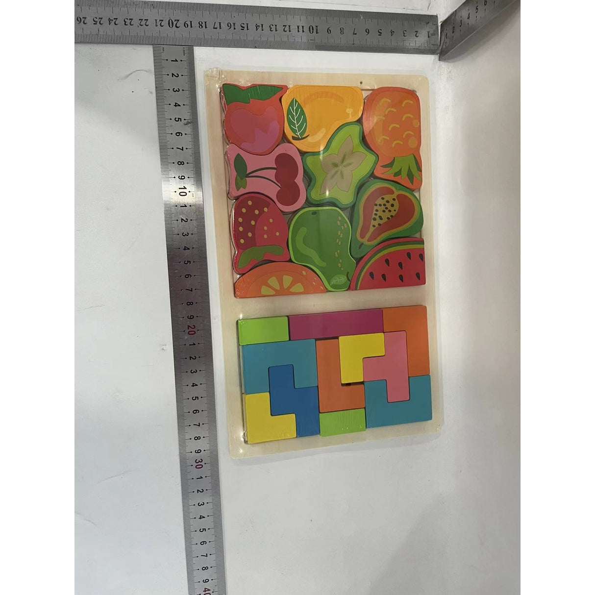 Puzzle Montessori din Lemn pentru Copii, Vivimall, Tip Tetris 2in1 +3 Ani, cu Fructe Colorate 3D, Educativ, Intuitiv, Creativ, 21 de Piese, 28.5x17x1.2 cm, Multicolor - vivimall.ro