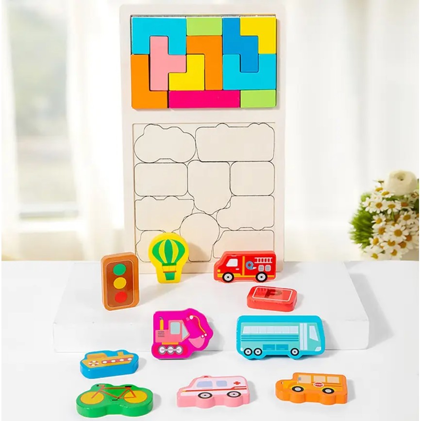 Puzzle Montessori din Lemn pentru Copii, Vivimall, Tip Tetris 2in1, +3 Ani, cu Masini Colorate 3D, Educativ, Intuitiv, Creativ, 21 de Piese, 28.5x17x1.2 cm, Multicolor - vivimall.ro