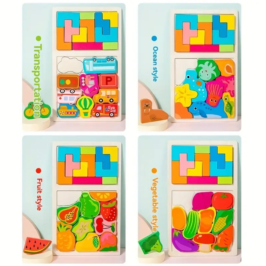 Puzzle Montessori din Lemn pentru Copii, Vivimall, Tip Tetris 2in1, +3 Ani, cu Masini Colorate 3D, Educativ, Intuitiv, Creativ, 21 de Piese, 28.5x17x1.2 cm, Multicolor - vivimall.ro