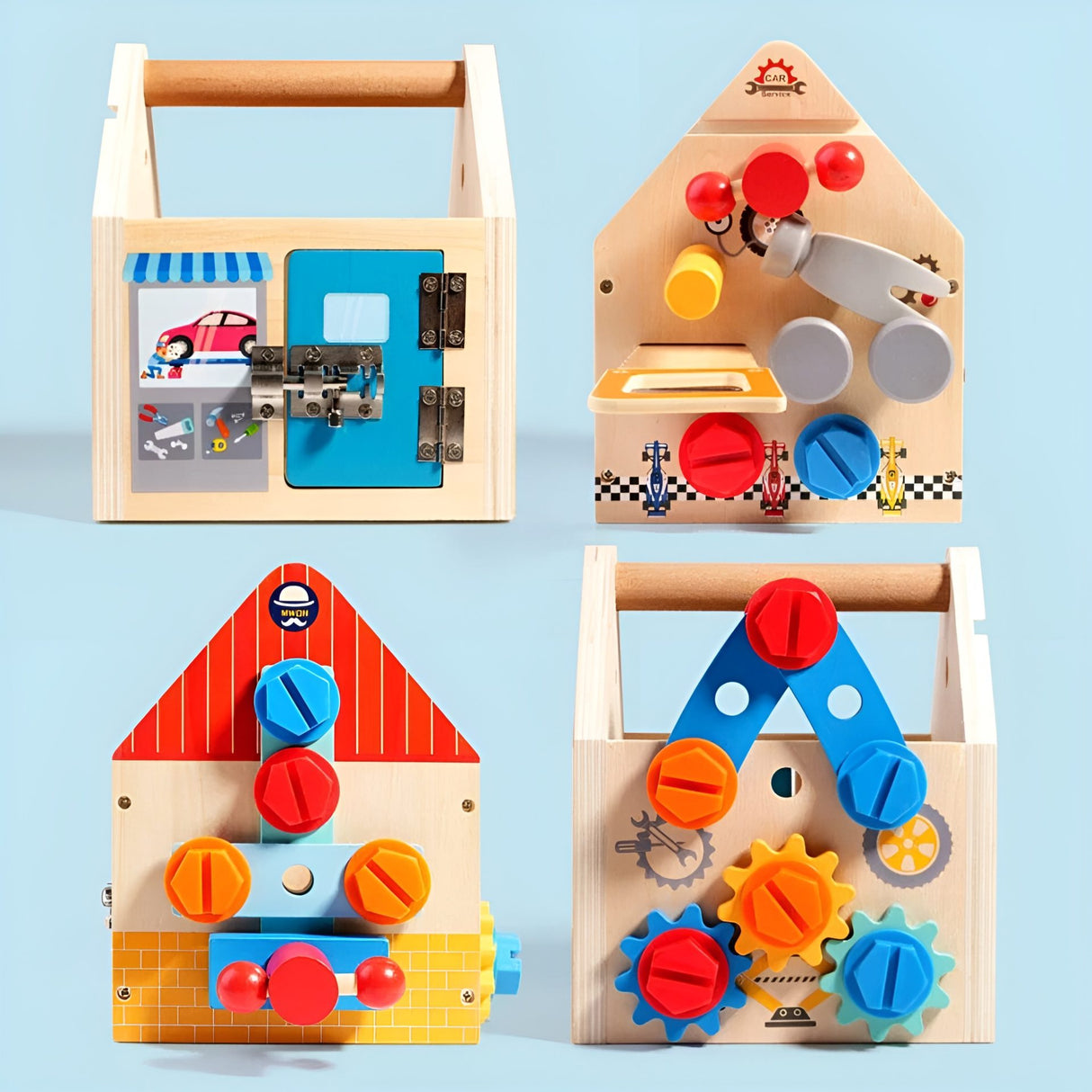 Jucărie lemn Flippy 2 în 1 cu mâner portabil, dimensiuni 16.5x20 cm, perspectivă ansamblu complet
