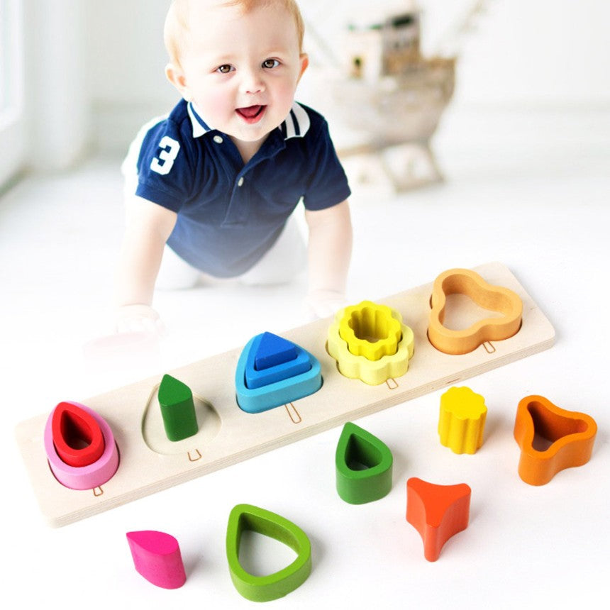 Jucarie Montessori din Lemn, Vivimall, Tip Puzzle, cu 5 Forme Asimetrice, 15 Piese, Educativa, Interactiva, Creativa, Model Copaci, Materiale Non Toxice, +2 Ani, 29x6.5 cm, Multicolor - vivimall.ro