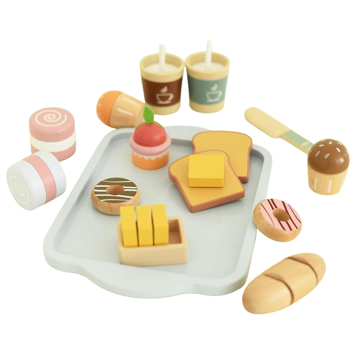 Jucarie Educativa Montessori din Lemn, Flippy, Set de Mic Dejun Interactiv cu Tava si 15+ Accesorii, Prajituri cu Scai, Dezvolta Motricitatea si Dexteritatea, 3ani+, Multicolor - vivimall.ro