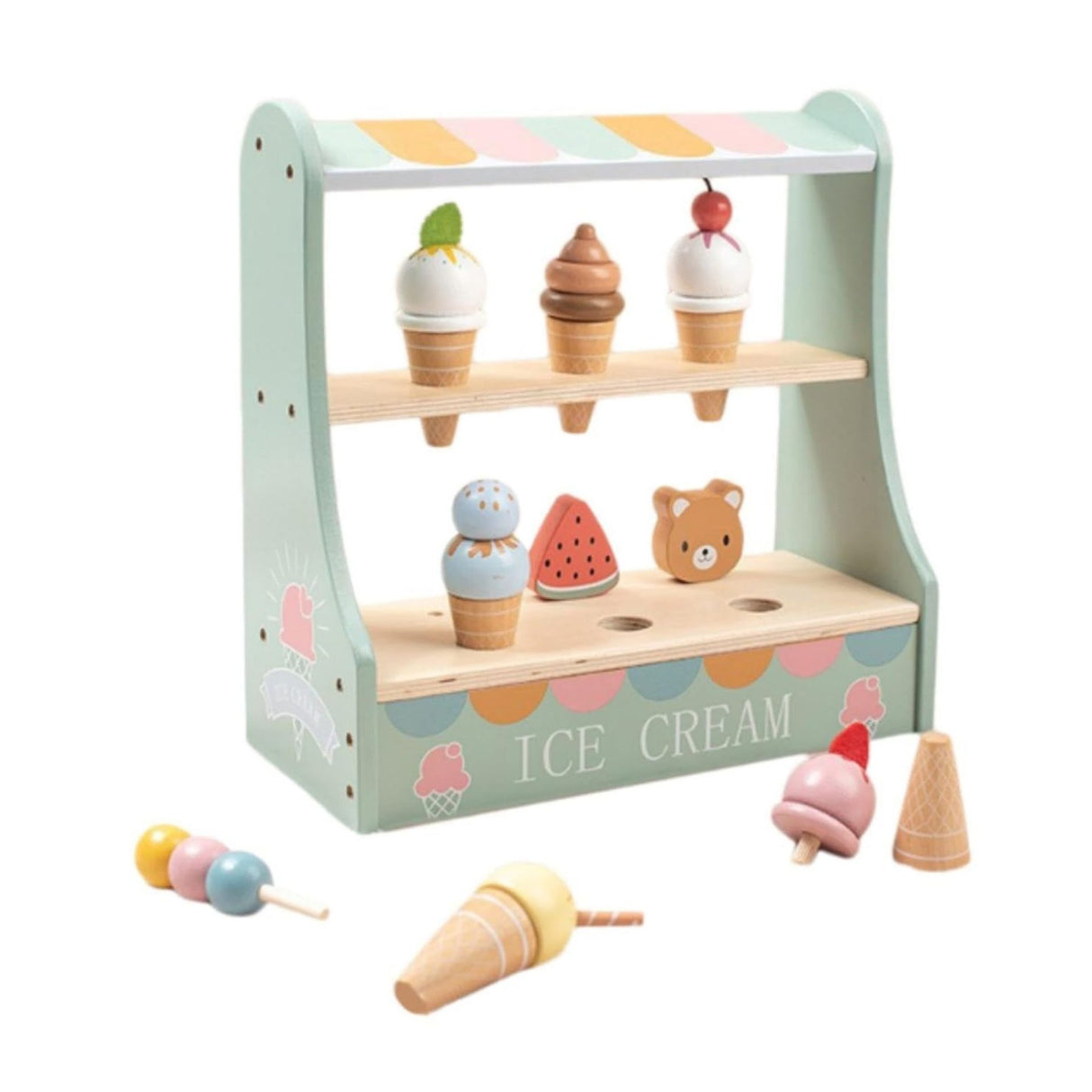 Jucarie Educativa Montessori din Lemn, Flippy, Stand de Inghetata Interactiv cu 25+ Accesorii, Include Meniu si Bani de Jucarie, Dezvolta Motricitatea si Abilitatile Sociale, 3ani+, Multicolor - vivimall.ro