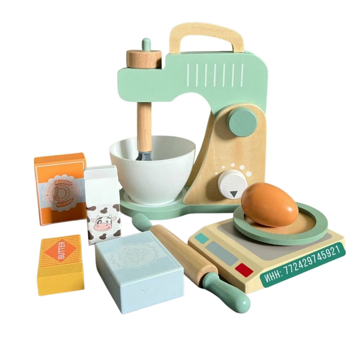 Set bucătărie din lemn Flippy cu mixer, cântar și ingrediente Montessori, vedere frontală completă