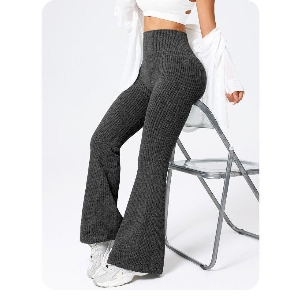 Pantaloni evazați talie înaltă Vivimall damă, purtați în context fitness, culoare neagră mărime M