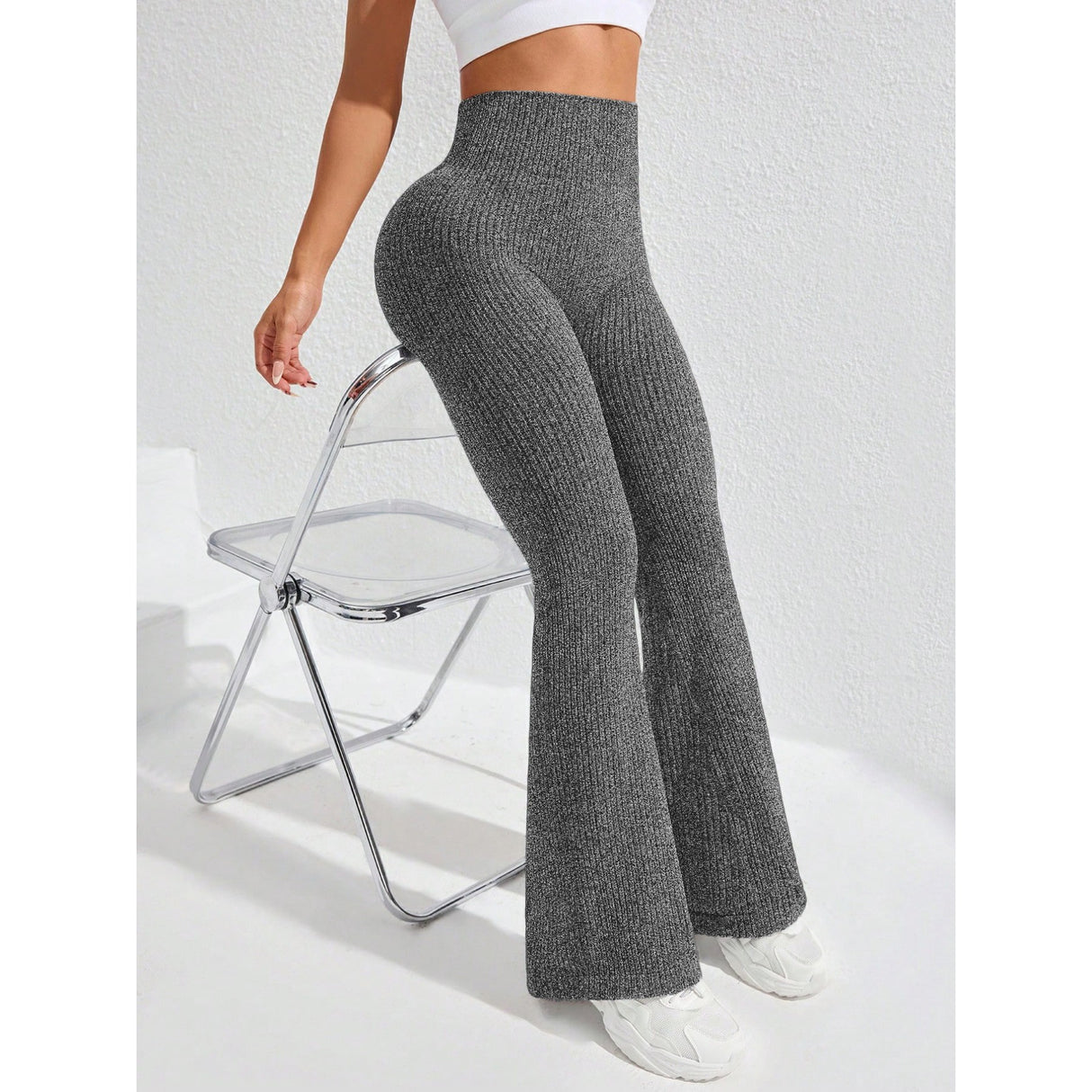 Pantaloni yoga damă Vivimall gri închis, detaliu talie înaltă fără cusături și croială evazată