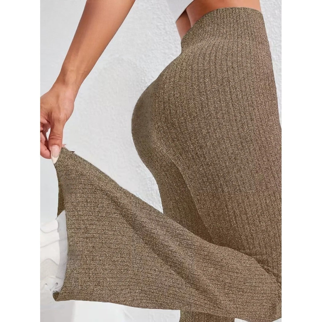 Pantaloni sport yoga damă Vivimall khaki, croială evazată slim-fit, vedere din spate, XS
