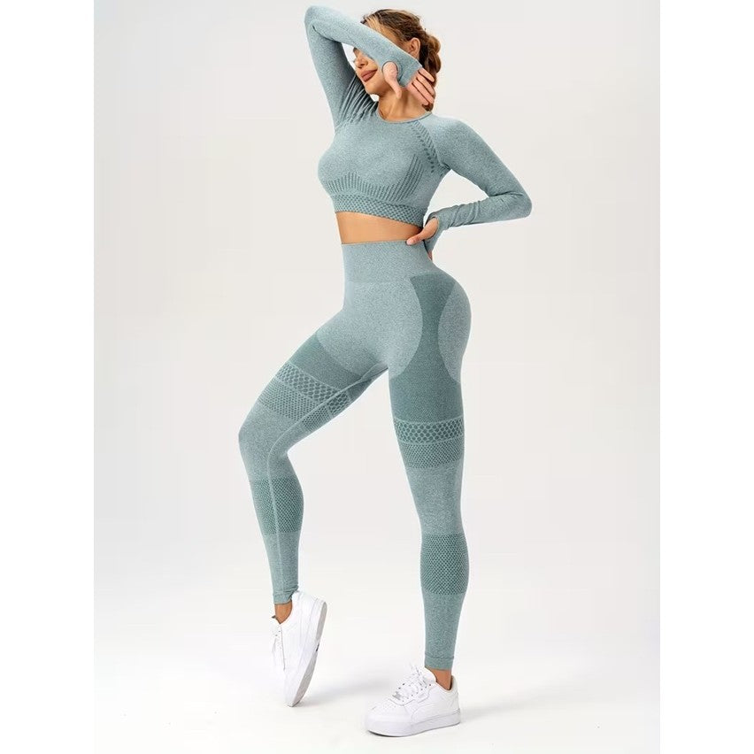 Colanți talie înaltă fără cusături verde mentă Vivimall, detaliu lateral costum sport damă