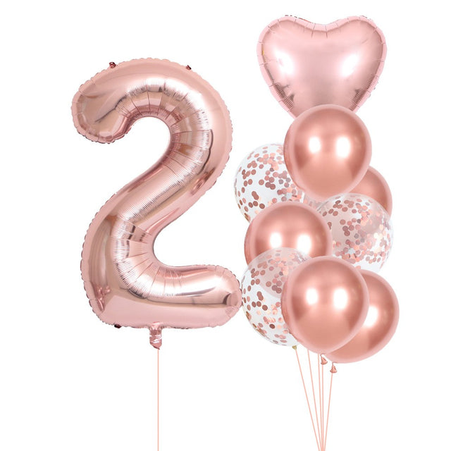 Set 10 Baloane Folie Si Latex, Tematica Aniversare, Baloane Latex 25Cm, Figurina Inimioara 45 Cm, Cifra 2 De 81 Cm, Ambalaj Individual, Pai Inclus, Umflare Cu Aer Sau Heliu, Pal - vivimall.ro