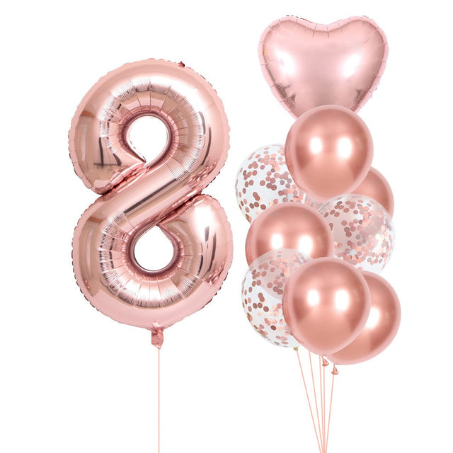 Set 10 Baloane Folie Si Latex, Tematica Aniversare, Baloane Latex 25Cm, Figurina Inimioara 45 Cm, Cifra 8 De 81 Cm, Ambalaj Individual, Pai Inclus, Umflare Cu Aer Sau Heliu, Pal - vivimall.ro
