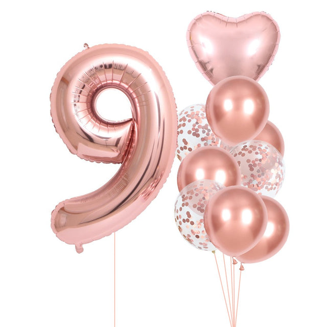Set 10 Baloane Folie Si Latex, Tematica Aniversare, Baloane Latex 25Cm, Figurina Inimioara 45 Cm, Cifra 9 De 81 Cm, Ambalaj Individual, Pai Inclus, Umflare Cu Aer Sau Heliu, Pal - vivimall.ro