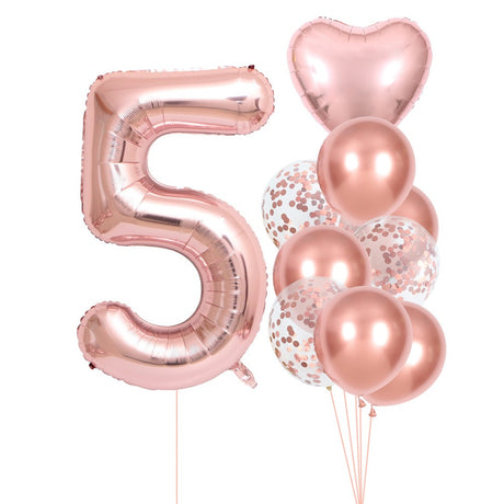 Set 10 Baloane Folie Si Latex, Tematica Aniversare, Baloane Latex 25Cm, Figurina Inimioara 45 Cm, Cifra 5 De 81 Cm, Ambalaj Individual, Pai Inclus, Umflare Cu Aer Sau Heliu, Pal - vivimall.ro