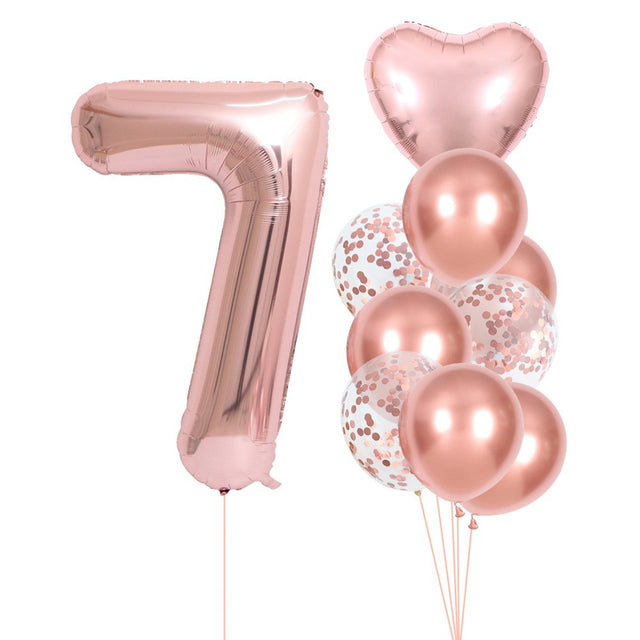 Set 10 Baloane Folie Si Latex, Tematica Aniversare, Baloane Latex 25Cm, Figurina Inimioara 45 Cm, Cifra 7 De 81 Cm, Ambalaj Individual, Pai Inclus, Umflare Cu Aer Sau Heliu, Pal - vivimall.ro
