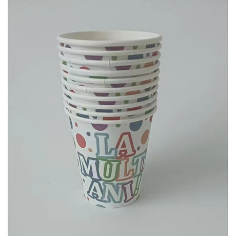 Set 10 Pahare, Flippy, Imprimeu La Multi Ani, din Carton, 250 ml, 7 x 8.5 x 5 cm, Multicolor